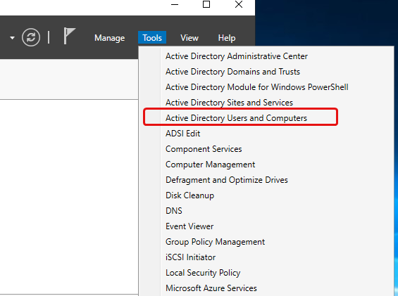 Tools Context Menu with Active DIrectory Users and Computers highlighted