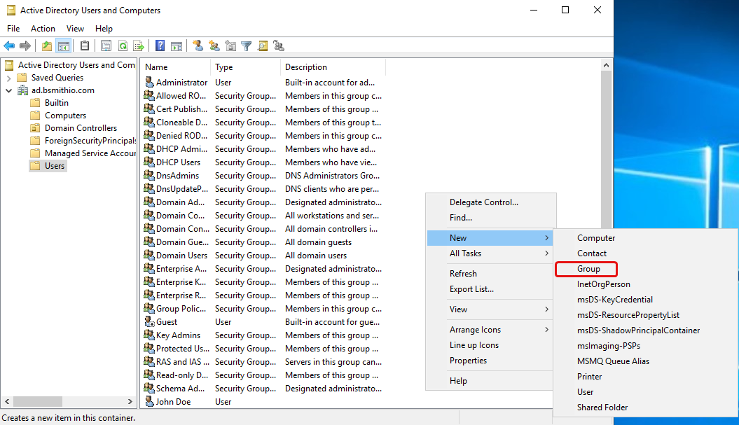 Context menu with New -&gt; Group highlighted