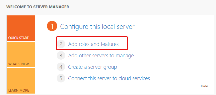 Server Manager with Add roles and features highlighted