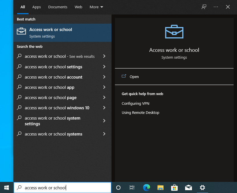 Start Menu with Access Work or School highlighted
