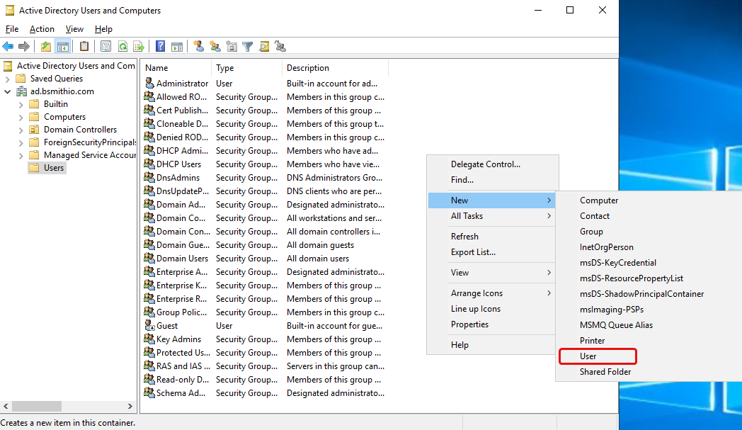 Context menu with New -&gt; User highlighted