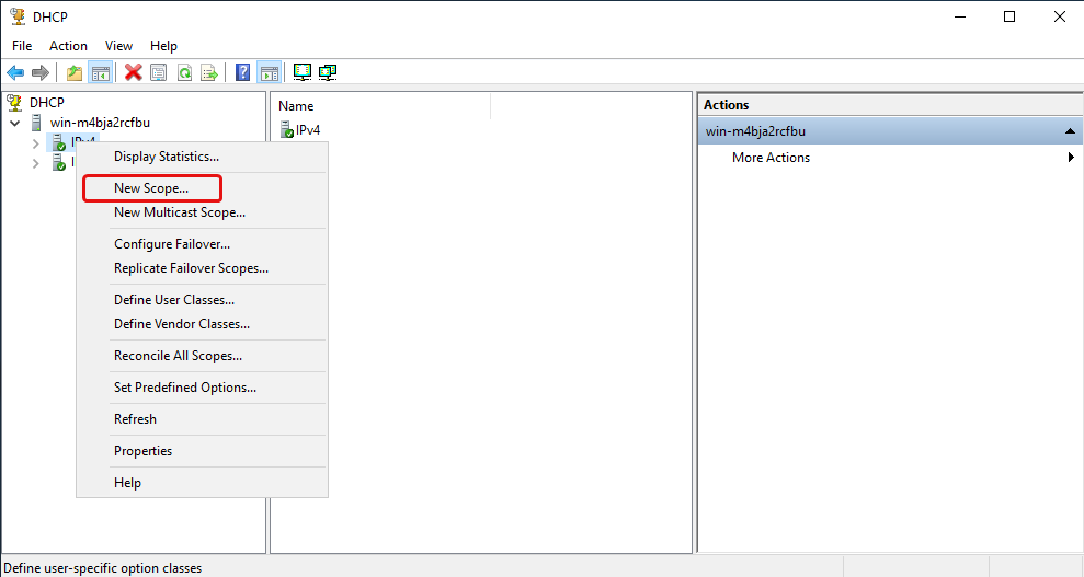 DHCP IPv4 Context Menu with New Scope highlighted