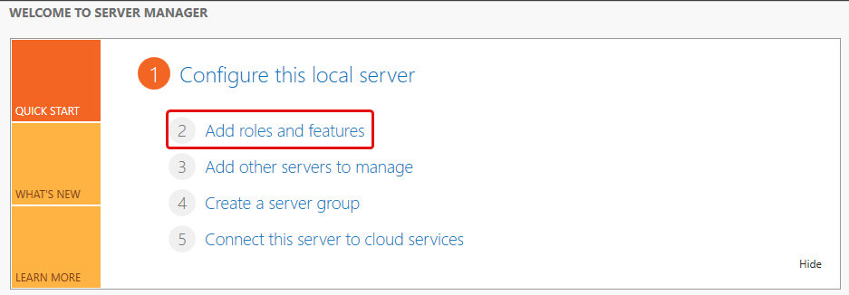 Server Manager with Add roles and features highlighted